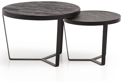 FineBuy Couchtisch 2er Set Akazie Massivholz/Steinoptik Wohnzimmertisch Rund, Satztisch mit Metallgestell, Kaffeetisch Modern, Sofatisch Verschachtelungstisch 2-teilig Schwarz