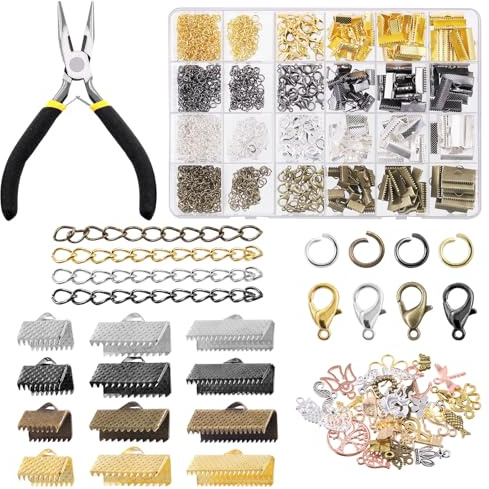 Tanstic 771Pcs 4 Colors Ribbon Ends Fastener Clasps Kit, Bookmark Pinch Crimp Ends with Jump Rings, Lobster Claw Clasps, Chain Extenders, Pendant Charms and Jewelry Pliers for DIY Crafts