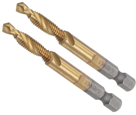 CoCud Combination Drill Tap Bit, M6 x 1 Thread Size 1/4 Hex Shank, Titanium Coated High Speed Steel Long Tools - (Applications: for Aluminum Stainless Steel Plastic Long), 2-Pieces