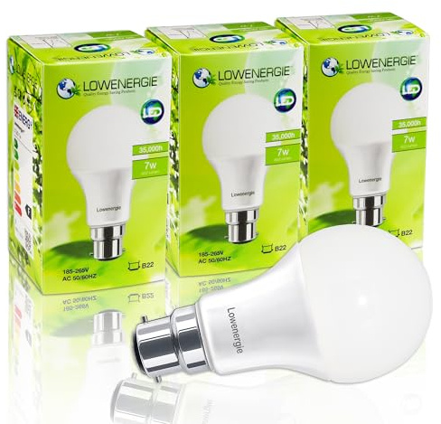 LOWENERGIE LED Light Bulbs 7W B22 Bayonet Day White 6000K A60 GLS Lamps – Pack of 3, 60W Equivalent Energy-Saving Everyday Lighting [Energy Class F]