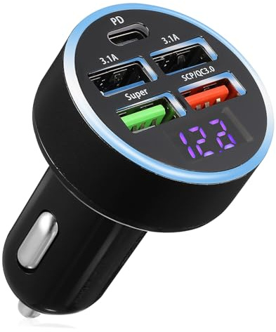 DOITOOL Cargador y Protección Inteligente, Diseño Multipuerto USB C 5 Puertos, Pantalla Digital para Carga Simultánea de Coche en Vehículo