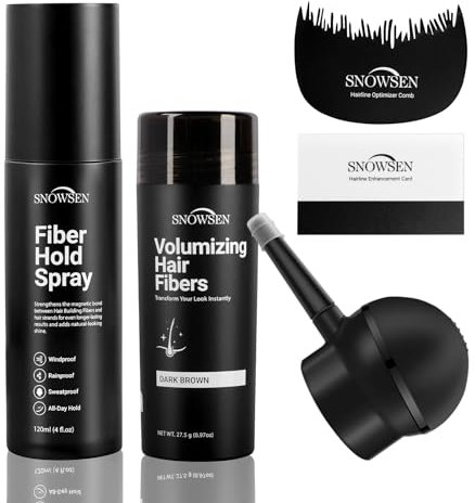 SNOWSEN Hair Fibres for Thinning Hair, Dark Brown, 27.5g, Hair Powder for Women & Men, 5-in-1 Hair & Beard Styling Set, Applicator Pump, Fibre Hold Spray, Application Card, Hairline Enhancement Comb