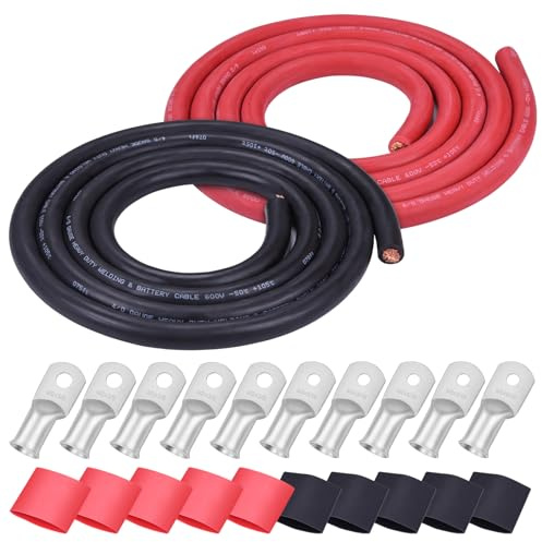 iGreely 4/0 Gauge 4/0 AWG Wire 10 Feet Black + 10 Feet Red Ultra Flexible Welding Battery Pure Copper Cable + 5pcs of 5/16 & 5pcs 3/8 Copper Cable Lugs Terminal Connectors+Heat Shrink Tubing