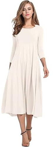 HOTOUCH Women Midi Dresses Elegant 3/4 Sleeve Tunic Dresses A Line Summer Dress Solid Round Neck Dresses with Pockets S-3XL