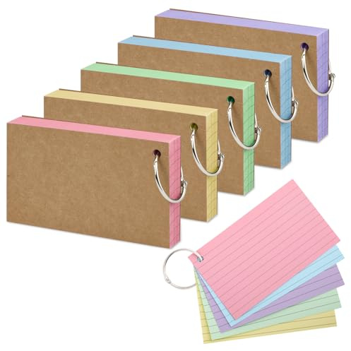 500 Stück linierte Karteikarten, Lernkarten, Revisionskarten mit Metall-Binderring, Notizkarten, mehrfarbige Kraftpapier-Notizkarten für Büro, Schule, Zuhause, Studium (5 Farben)