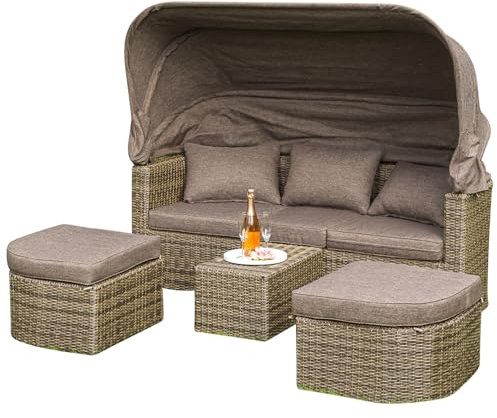 gartenmoebel-einkauf Liegeinsel Funktionsbett Rennes mit klappbarem Verdeck, Metall + Polyrattan Natur, Polster taupefarben, Outdoor