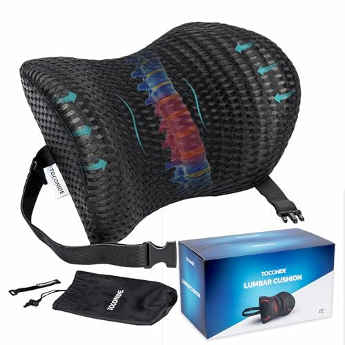 TOCONIDE Schwarzes Lendenkissen, Bürostuhl, viskoelastisches Kissen, Rückenkissen, für mehr Komfort bei der Arbeit im Büro, auf Reisen, zu Hause oder bei langen Sitzen