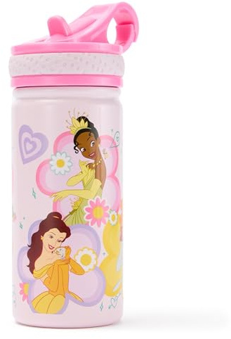 Disney Store Official Bottiglia per l'acqua Principesse Disney, 458 ml, bottiglia in acciaio inox bimbi con Ariel, Vaiana, Rapunzel, Belle e Tiana, con cannuccia ribaltabile e coperchio svitabile