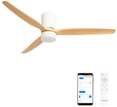 CREATE / WINDCALM L/Deckenventilator ABS mit Beleuchtung Weiß Hellesholzflügel-Optik mit WLAN und Fernbedienung / 40W, Ø152cm, 6 Geschwindigkeiten, 3 Lichttemperaturen, Sommer-Winterbetrieb