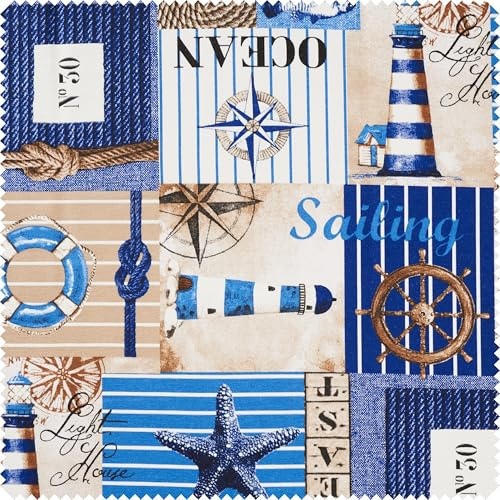 VBS Marché Tissu déco aspect lin Sailing Tissus imprimés au mètre largeur 140 cm taille du motif 7-16 cm bateaux d'été maritime