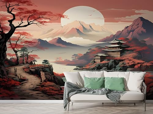 Japanisch Berg Tapete, Japan Fototapete, Rote Sonne Landschaft Wandpapier, Vliestapete Selbstklebende Wand Deko, Motivtapeten Schlafzimmer Wohnzimmer, 250x175 cm - M-626