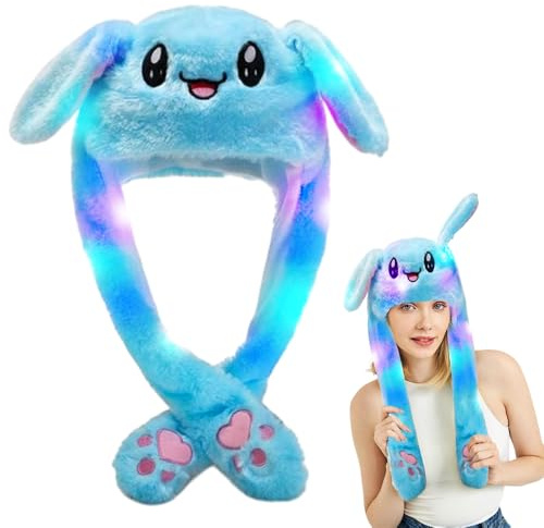 mizikuu Bonnet Oreille Qui Bouge, Chapeau de Lapin en Peluche LED Bonnet avec Oreilles Mobiles Chapeau Mignon avec Airbag pour d'Animal Cosplay Halloween Carnaval Cadeau Pâques, Bleu