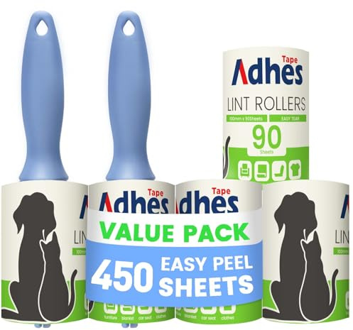 ADHES Fusselrolle 5 Rollen (je 90 Blatt),2 Griffe, Tierhaare Extra Klebrige | Lint Roller für Kleidung, Fusselrolle Tierhaare, Haare, Sofa, Bett, Katzenhaare, Hundehaare