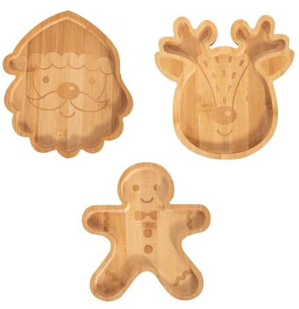 Shop4allsorts Set of 3 Wooden Christmas Snack Plates - Festive Nibble Trays - Santa Reindeer & Gingerbread Shape - Christmas Eve Tray - Snacks, Nibbles, Sweets, Biscuits - Xmas Food Platter.
