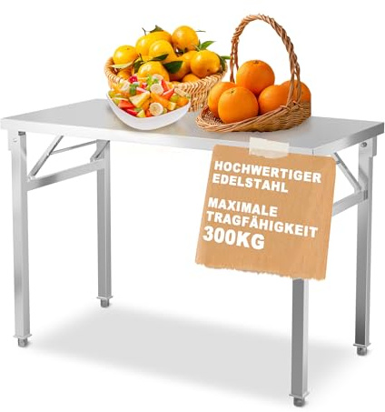 XMTECH Arbetsbord i rostfritt stål S – 100 x 60 x 85 cm, hopfällbart, 300 kg, köksbord/förberedelsebord/arbetsbänk för kök, restaurang, bar, catering med justerbara fötter