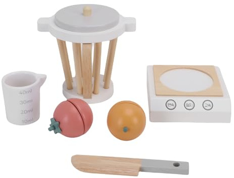 NOENNULL Wooden Smoothie Blender Toy, Beech Wood Juicer Maker Play Kitchen Set Kids Food Play Kitchen Accessories Set with Cup Fruit Cutter for Toddlers Boys Girls