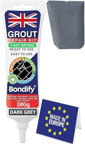BONDIFY Waterproof Dark Grey Grout Reviver Ready Mixed, 380g FAST DRYING Anti Mould Waterproof Grout Repair Kit Dark Grey Tile Grout for Patio, Shower, Bathroom, Window, Quick Drying Gap Filler