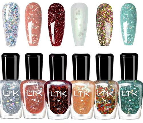 Glitter Nail Polish Sets - 6Pcs Burgundy Red Clear Pink Yellow Green Glitter Nail Varnish Kit - Flash Shiny Breathable Long Lasting & Quick Dry Nail Polish - No Need UV Light