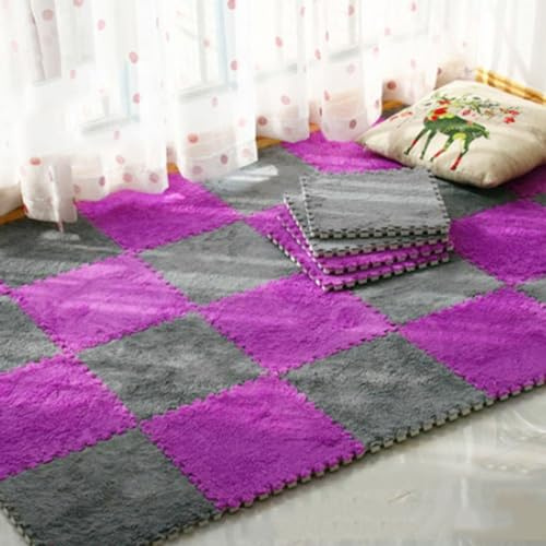 Splice-Ineinander greifender Teppich, ineinander greifende Teppichfliesen, schneidbar, für Kinderzimmer, Veranden, Schlafzimmer, quadratische Bodenmatten aus Plüschschaum,Purple+dark Gray-36pcs