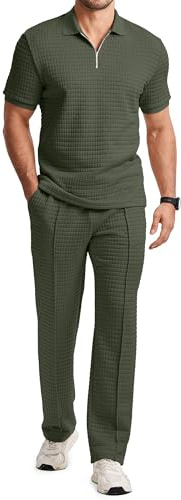 JMIERR Mens Summer Outfits 2 Piece Short Sleeve Sets Beach Quarter Zip Polo Shirts Casual Loose Pant Loungewear Date Outfits, L, Green