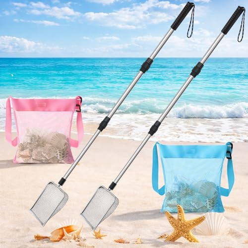 Roshtia 2 Pcs Shark Tooth Sifter with 2 Shell Bags, 41.7 Inch Adjustable Handle Mesh Sand Digger Rock Scooper for Rock Shells Shark Tooth Beach Shelling Tools (Blue, Pink)