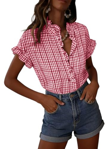 Checked Shirts Womens Gingham Check Short Sleeve Blouses Button Down Shirt Ruffle Trim Stand Collar Blouse Casual Loose Fit Summer Top for Ladies Daily Wear S-XXL
