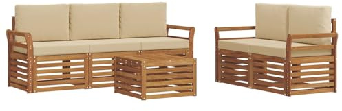 XHNIFBN Juego de muebles de jardín de madera maciza de acacia, conjunto de asientos modulares con mesa y tapicería, conjunto de asientos de madera para jardín y terraza, color beige