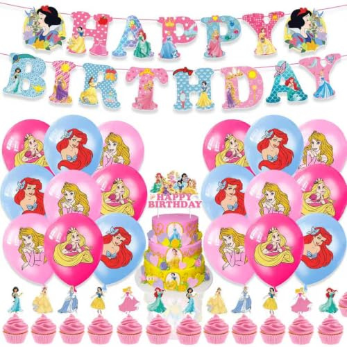 Princess Birthday Party Decorations Supplies Include Happy Birthday Banners, Cupcake Toppers, Balloons
