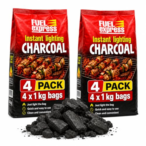 Fuel Express Instant Light Lumpwood Charcoal for BBQ, 8x1kg Bags, Quick Lighting Barbecue Charcoal for Outdoor Grilling, Camping & Fire Pits, Ready to Cook in 15 to 20 Minutes (8x1kg Bags)