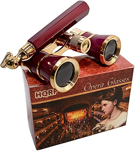 HQRP 3 x 25 Opera Glasses / Theatre Glass Binocular w/ Crystal Clear Optic (CCO) Burgundy with Gold Trim w/ Built-In Extendable Handle