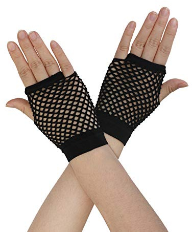 sourcing map Damen Fingerlose Netzhandschuhe farbig für 80er Jahre Kostüm Partybedarf Kostümzubehör Schwarz Short-1Pair