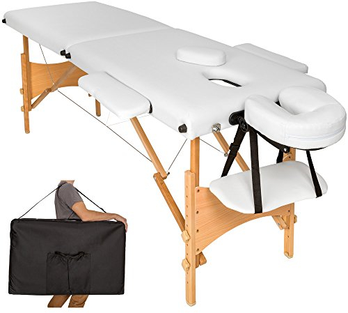 TecTake Table de Massage 2 Zones Pliante Cosmetique Lit de Massage Table Esthetique Tatouage Portable avec Repose Bras, Housse de Transport Incluse - Blanc