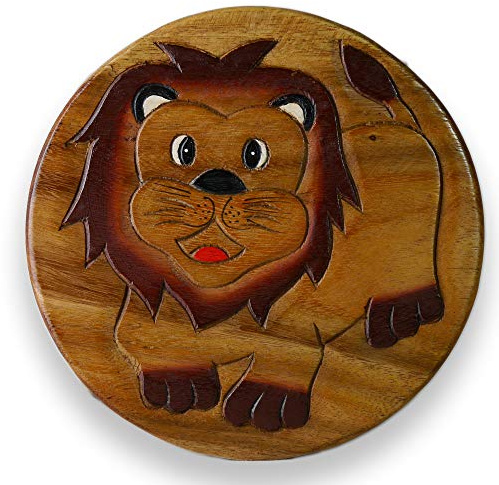 ART-CRAFT Vielseitiger Kinderhocker Holzhocker rund aus Massivholz Tiermotiv Löwemit vielen Einsatz Möglichkeiten