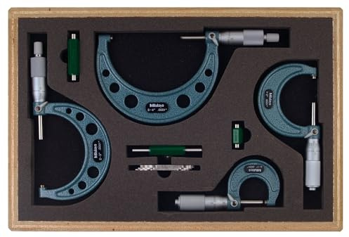 Mitutoyo 103-931 Outside Micrometer Set with Standard, 0-4 Range, 0.02 Graduation (4 Pack)
