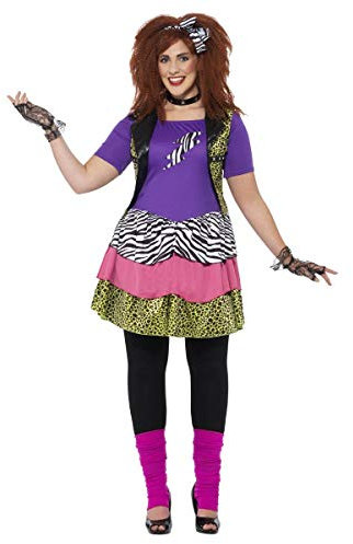 Smiffys Curves 80s Rock Chick Costume, Multi-Coloured with Dress, Jacket, Necklace & Bandana, 1980's Fancy Dress, 1980s Dress Up Costumes