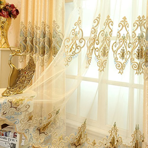 MYRU 2er-Set Europäische goldene Luxuxjacquard-Vorhänge für Schlafzimmer Wohnzimmer (Tüllvorhang,260 * 140 cm)