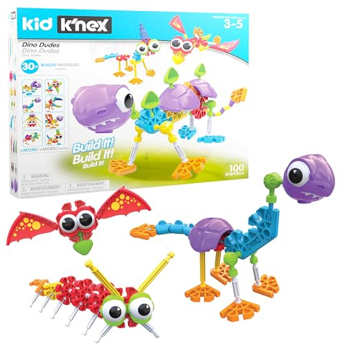 Dino Dudes-Baukasten, Kid K'NEX, Basic Fun, 85611, Bastelset für Kinder mit 100 Teilen, lustiges Konstruktionsspielzeug für Jungen und Mädchen, Dinosaurier-Spielzeug für Jungen und Mädchen Ab 3 Jahren