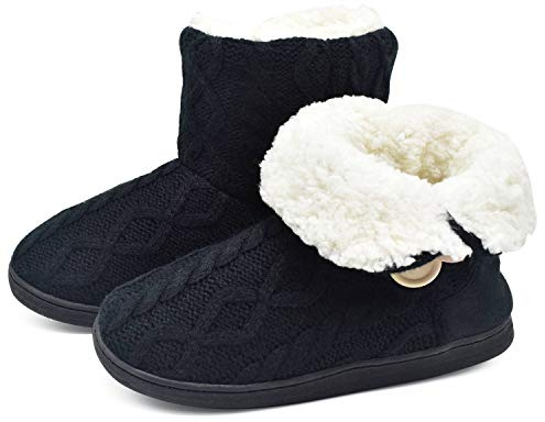 ONCAI Women's Slippers Comfort Knit Boots Winter Warm Outdoor Indoor Shoes All-Black Size 9-10