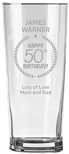 Personalised Engraved Pint Glass - 50th Birthday Gift, Name, Border and 50 Message Design