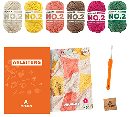 myboshi Häkelset Babydecke Sunagawa, inkl. No.2 Wolle, Nadel und Anleitung, für Babys und Amigurumi, Häkelpaket für Anfänger, 85% Baumwolle, 15% Kapok Beige, mit Häkelnadel