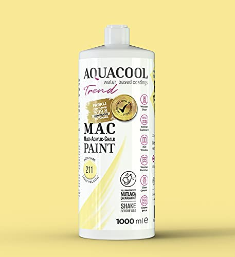 Happy Woody AquaCool - Pintura acrílica multisuperficie, tiza, mate, de secado rápido, para uso interior y exterior en muebles, madera, plástico, vidrio, cerámica, piedra (1000 ml, amarillo claro 211)