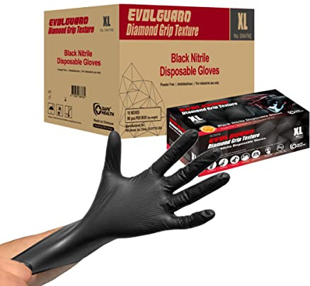 Safe Health Nitril Einweghandschuhe Schwarz 900 (10x90 Stk), Nitrilhandschuhe XL Extra Stark Pulverfrei Latexfrei Handschuhe Einweg Fettbeständig, Putzen Kfz, Werkstatt Zubehör in Gr. M, L & XL