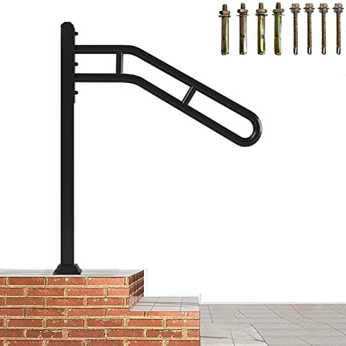 Single Post Handrail for Outdoor 1-3 Steps, Metal Hand Rails for Outdoor Steps, Floor Mounted Stair Railing, Sturdy U-Shaped Post Grab Rails with 2 Anti-Skid Crossbar for Garage, 32 L x 35.8 H