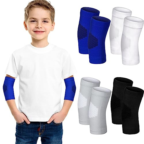 Lenwen 4 Pairs Kids Elbow Brace Compression Arm Elbow Sleeve Knit Guard Gym Protectors for Boys Teen Children Girls Basketball Volleyball Tennis Cycling (5-10 Years,Black, White, Blue, Gray)
