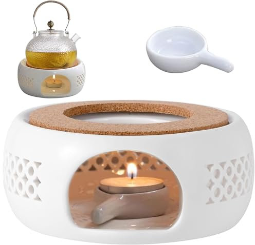 Calientaplatos para tetera, calentador de té de porcelana, calentador de café, diseño tallado hueco, calentador de cerámica, horno de vela de té con corcho y cuchara, calentador de té adecuado para