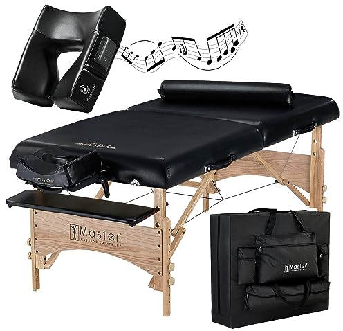 Master Massage Mobile Massageliege Kosmetikliege Klappbar Extra Breit Holz Behandlungsliege Therapiebett mit Musikkissen Lautsprecher Bluetooth, schwarz, 81cm
