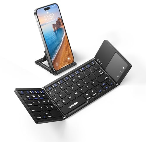 Samsers Foldable Bluetooth Keyboard with Touchpad - Portable Wireless Keyboard with Holder, Rechargeable Full Size Ultra Slim Pocket Folding Keyboards for Android Windows iOS Tablet & Laptop - Black