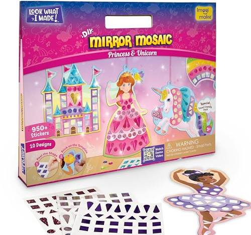 Imagimake Mirror Mosaic - Princess & Unicorn | 10 Templates, 950+ Stickers | DIY Dot Art Set | Craft Kits for Kids Ages 3-5 | Mess Free Kids Travel Activities | 3,4,5,6,7 Year Old Girl Birthday Gift