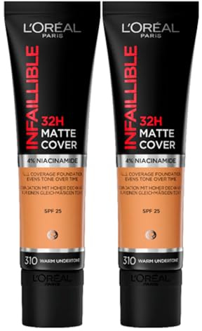L'Oréal Paris Infaillible flüssiges Foundation-Make-up 32H Matte Cover SPF 25 Waterproof Atmungsaktiv Feuchtigkeitsspendend mit langem Halt Leichte Formel mit 4% Niacinamid Farbe 310 Warm Undertone -