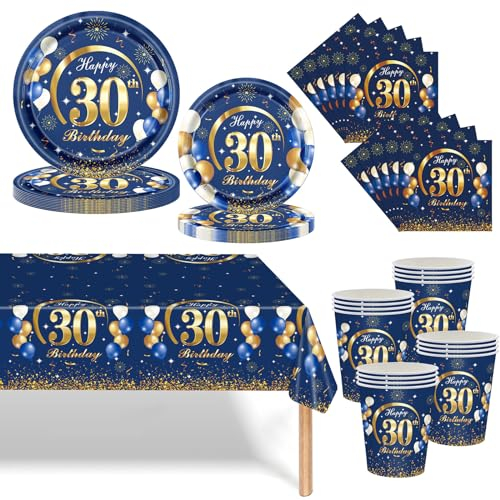 69 P Navy Blue and Gold 30th Birthday Tableware Set - Cups, Napkins, Plates (7in+9in), Table Cloth - Paper Dinnerware Decoration for Him Her Party